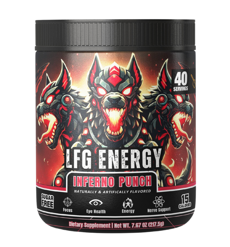 Triple-headed Cerberus-inspired LFG Energy Club Inferno Punch pre-workout supplement container featuring vibrant red and black colors with fiery accents, promoting focus, eye health, energy, and nerve support for gamers and fitness enthusiasts. Sugar-free, 5 calories, 30 servings per container, naturally and artificially flavored, intense branding for an energized workout.